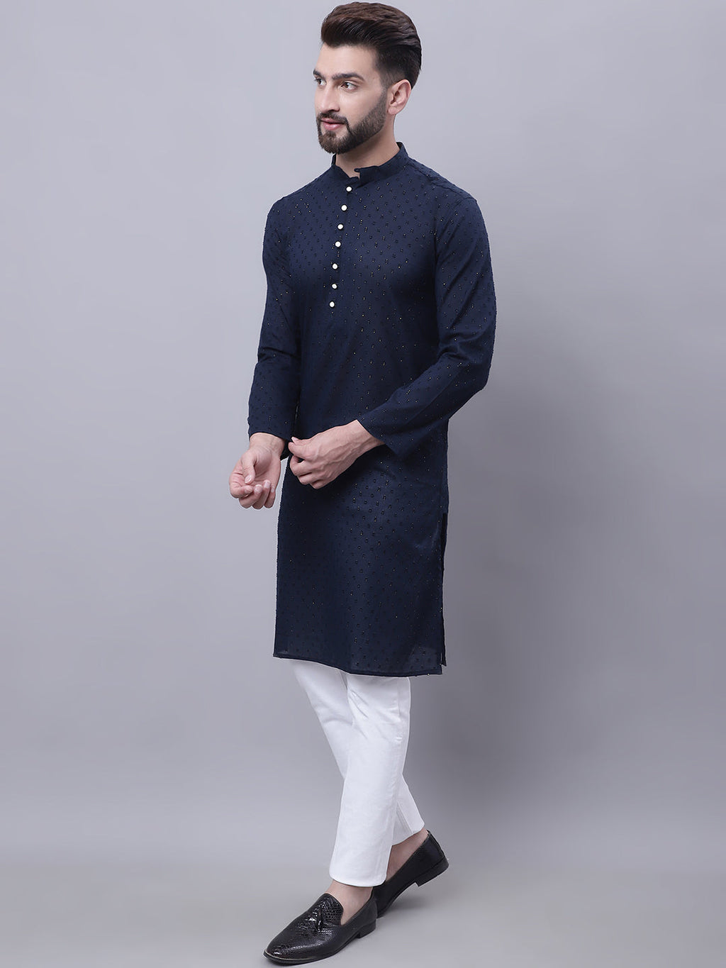 Even Apparels Blue Pure Cotton Kurta With Band Collar | Grocsy