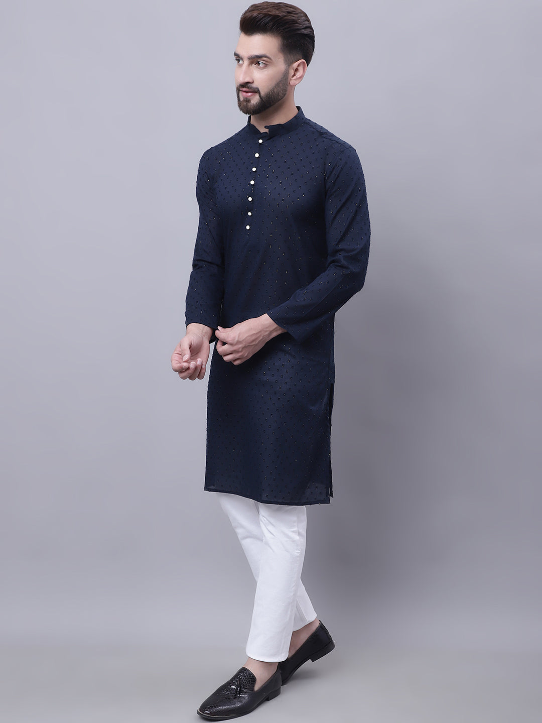 Even Apparels Blue Pure Cotton Kurta With Band Collar | Grocsy