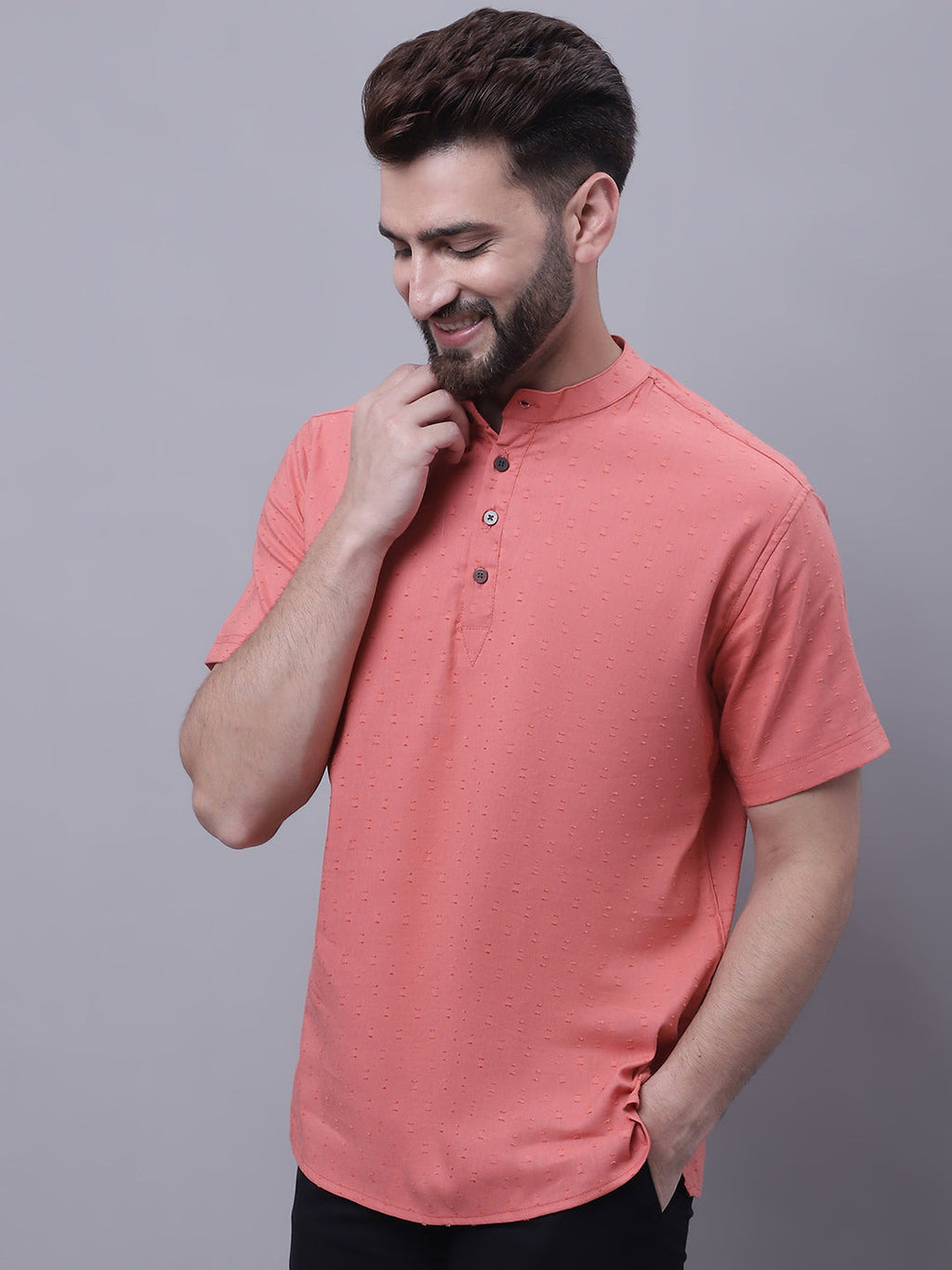 Even Apparels Peach Pure Cotton Short Sleeves Kurta With Band Collar | Grocsy
