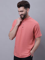Even Apparels Peach Pure Cotton Short Sleeves Kurta With Band Collar | Grocsy