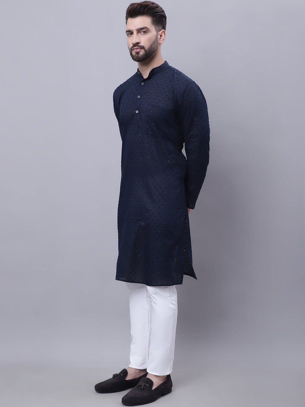 Even Apparels Blue Pure Cotton Kurta With Band Collar | Grocsy
