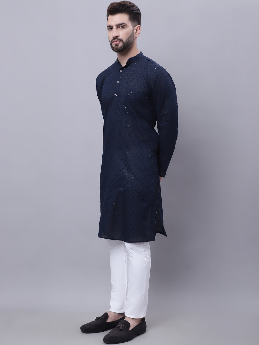 Even Apparels Blue Pure Cotton Kurta With Band Collar | Grocsy