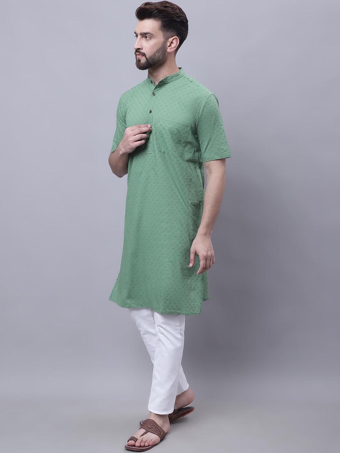 Even Apparels Green Pure Cotton Short Sleeves Kurta With Band Collar | Grocsy