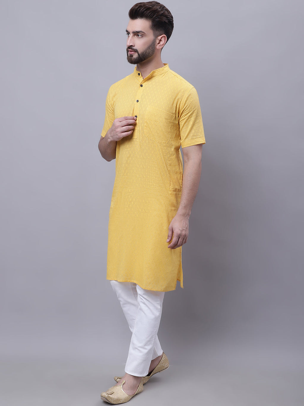 Even Apparels Yellow Pure Cotton Short Sleeves Kurta With Band Collar | Grocsy