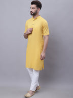 Even Apparels Yellow Pure Cotton Short Sleeves Kurta With Band Collar | Grocsy