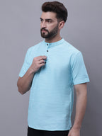Even Apparels Blue Pure Cotton Short Kurta With Band Collar | Grocsy