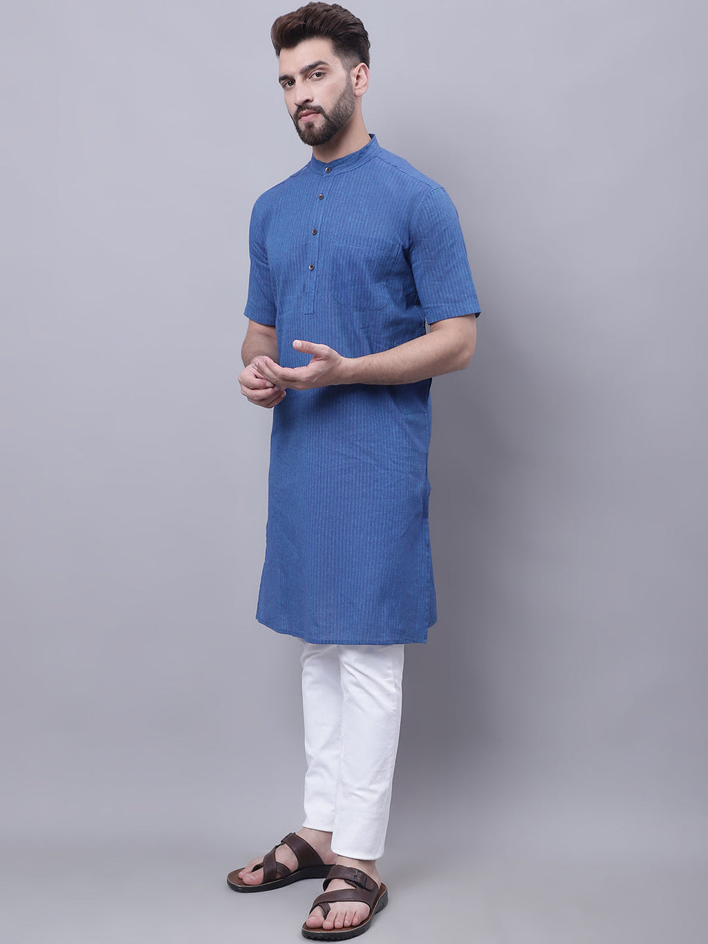 Even Apparels Blue Pure Cotton Short Sleeves Kurta With Band Collar | Grocsy