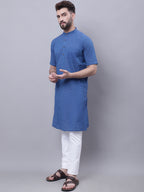 Even Apparels Blue Pure Cotton Short Sleeves Kurta With Band Collar | Grocsy