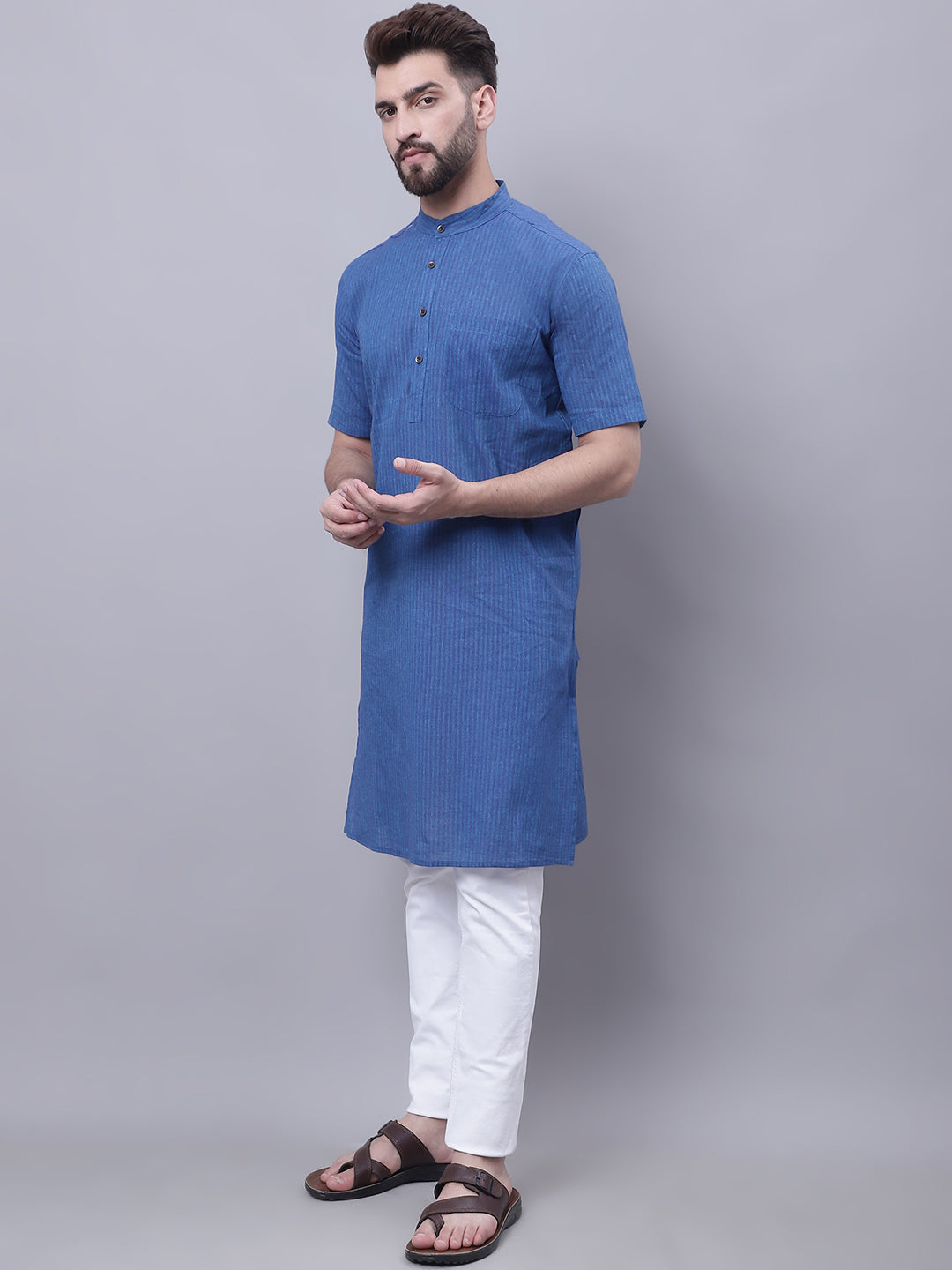 Even Apparels Blue Pure Cotton Short Sleeves Kurta With Band Collar | Grocsy