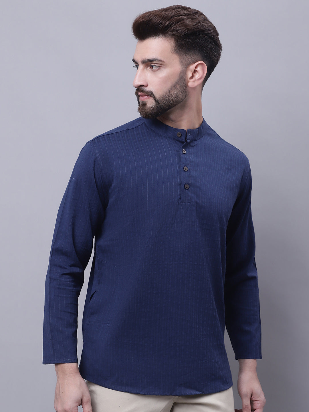 Even Apparels Blue Pure Cotton Short Kurta With Band Collar | Grocsy