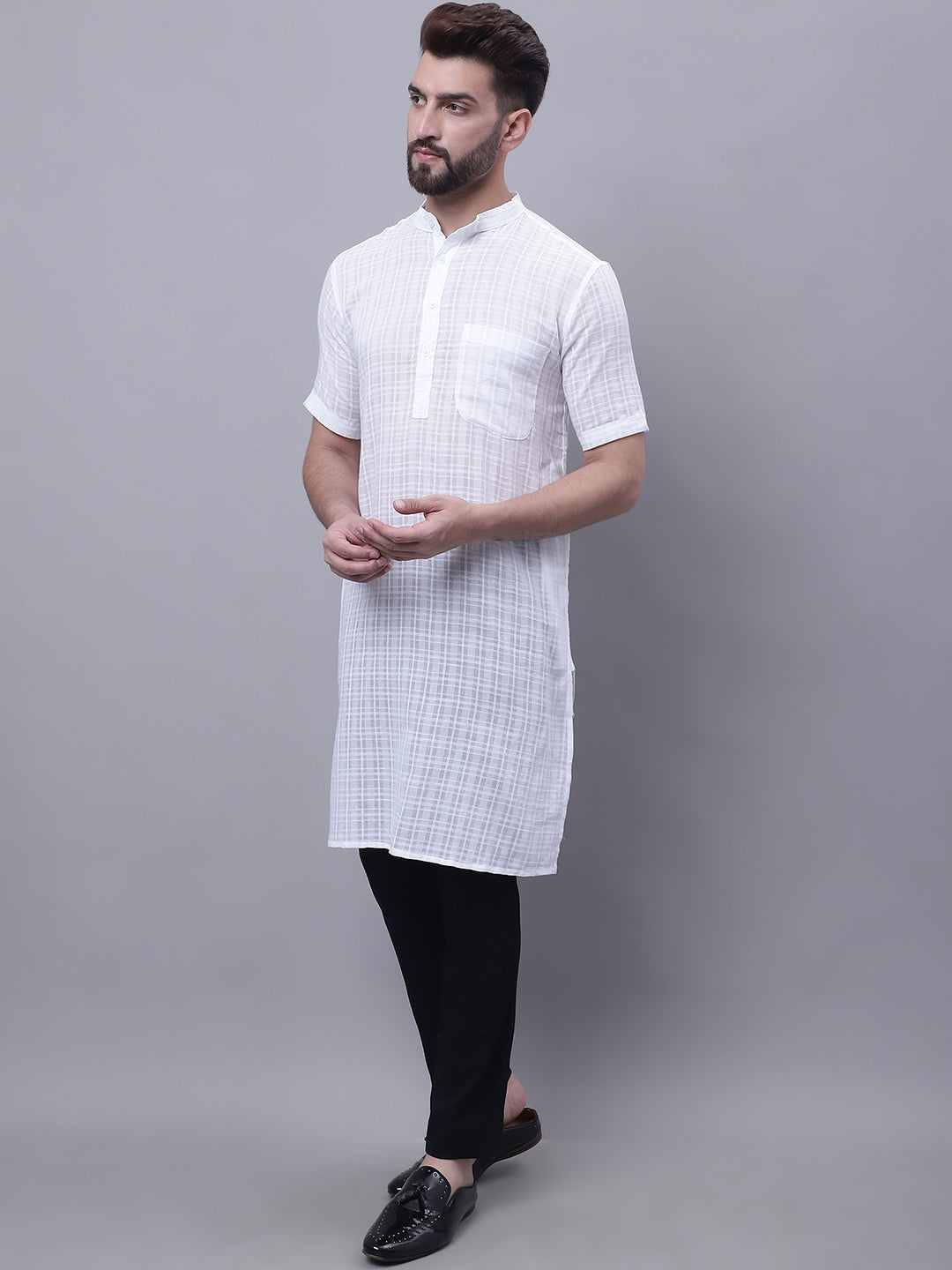 Even Apparels White Pure Cotton Short Sleeves Kurta With Band Collar | Grocsy