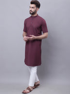 Even Apparels Wine Pure Cotton Short Sleeves Kurta With Band Collar | Grocsy