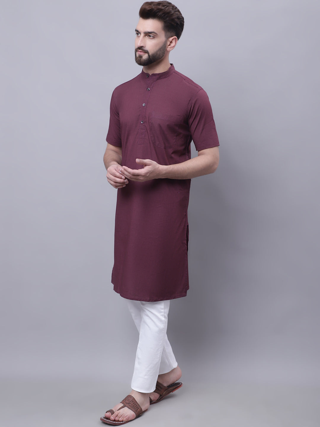 Even Apparels Wine Pure Cotton Short Sleeves Kurta With Band Collar | Grocsy