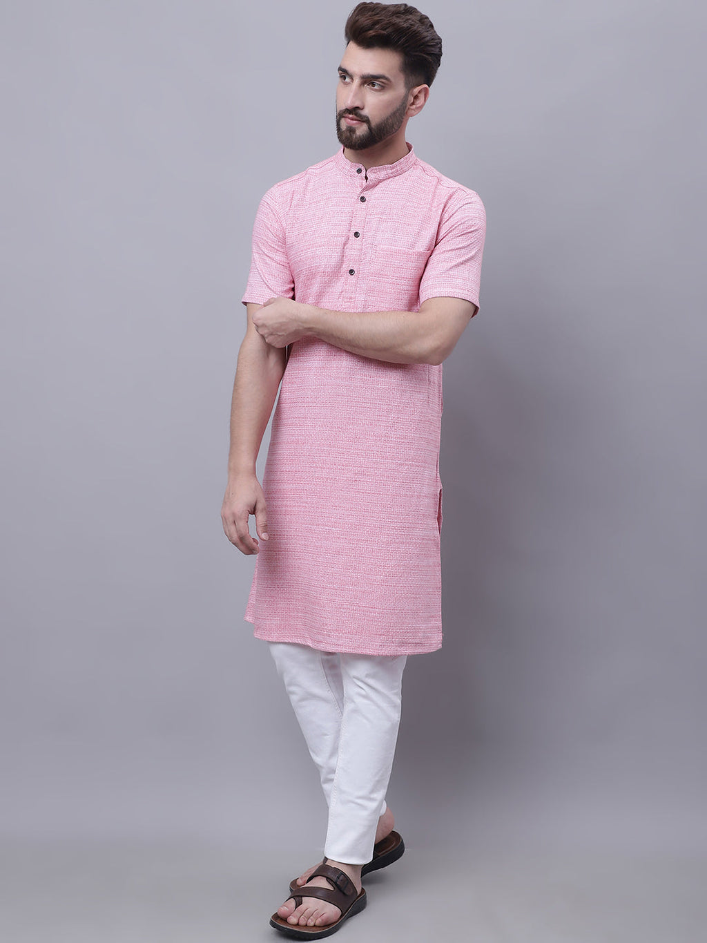 Even Apparels Pink Pure Cotton Short Sleeves Kurta With Band Collar | Grocsy