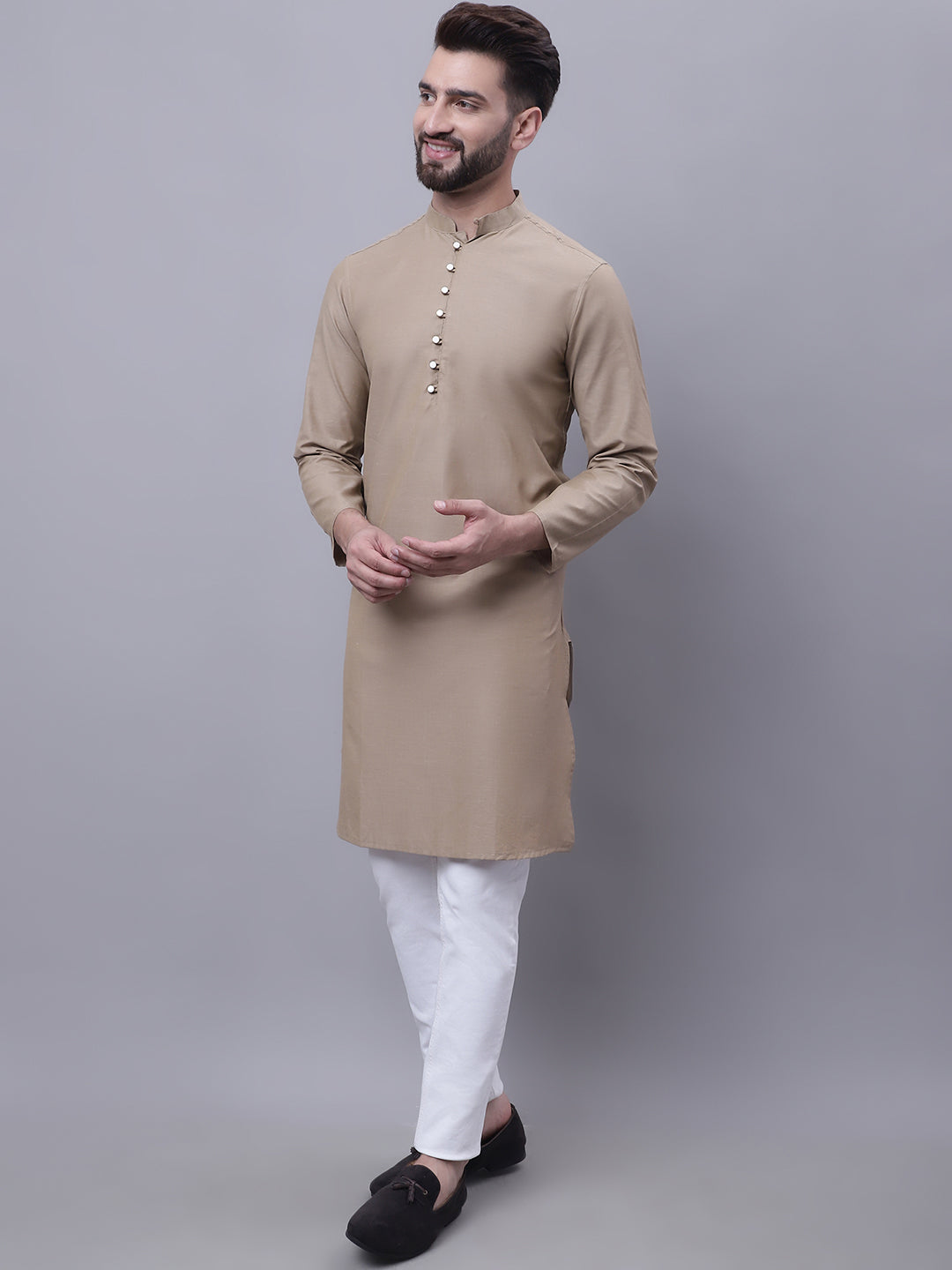Even Apparels Beige Pure Cotton Kurta With Band Collar | Grocsy