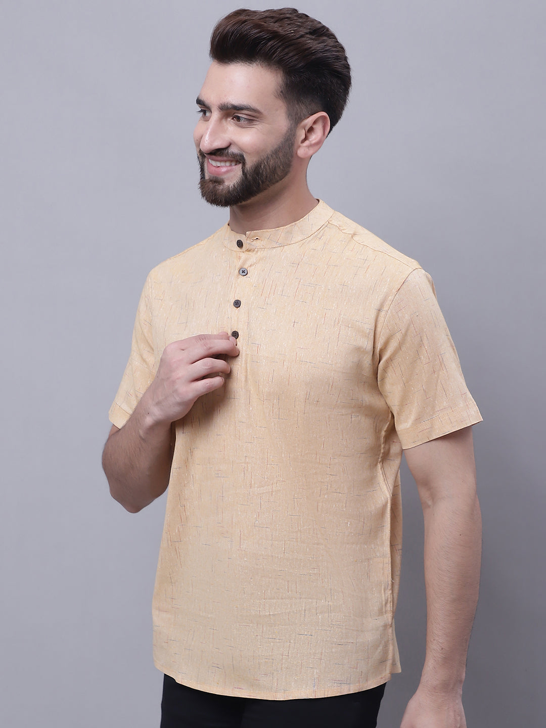 Even Apparels Beige Pure Cotton Short Kurta With Band Collar | Grocsy
