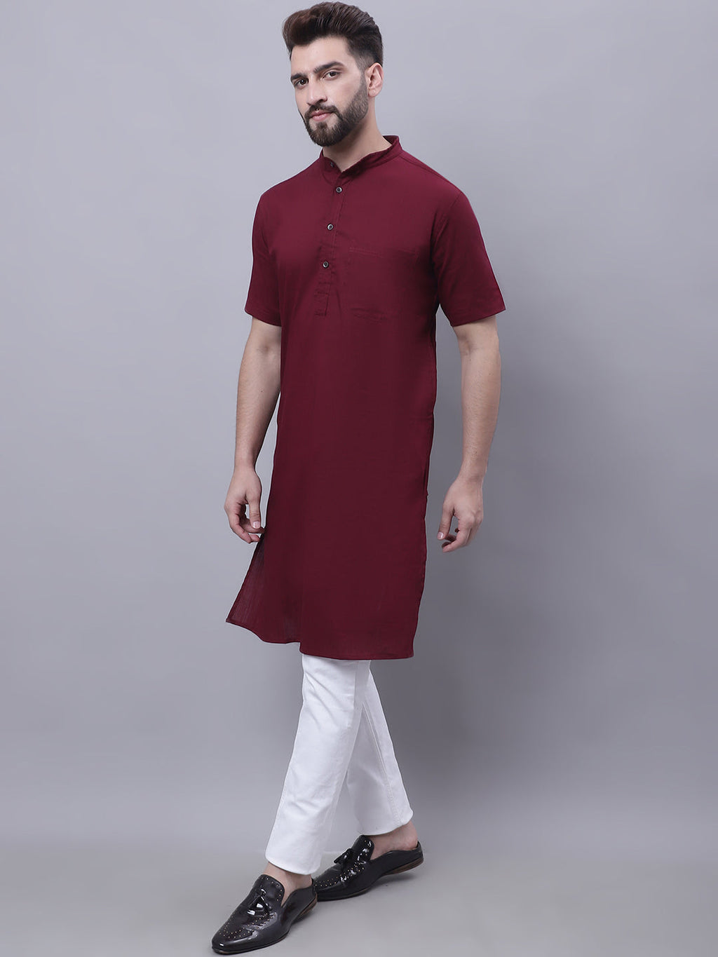 Even Apparels Red Pure Cotton Short Sleeves Kurta With Band Collar | Grocsy