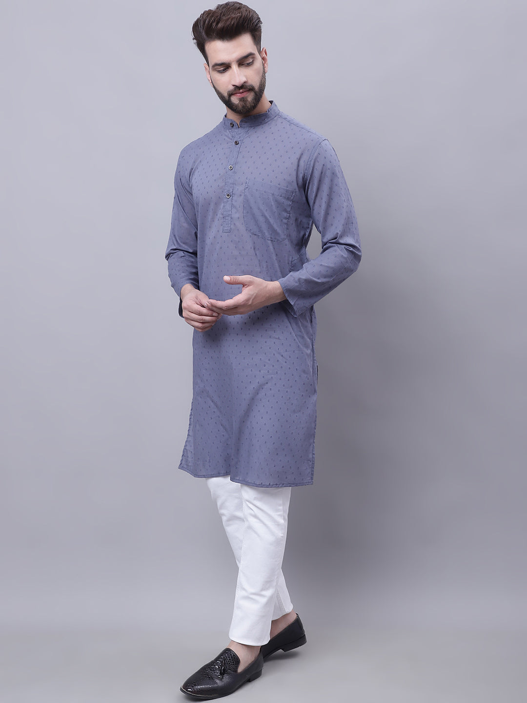 Even Apparels Grey Pure Cotton Kurta With Band Collar | Grocsy