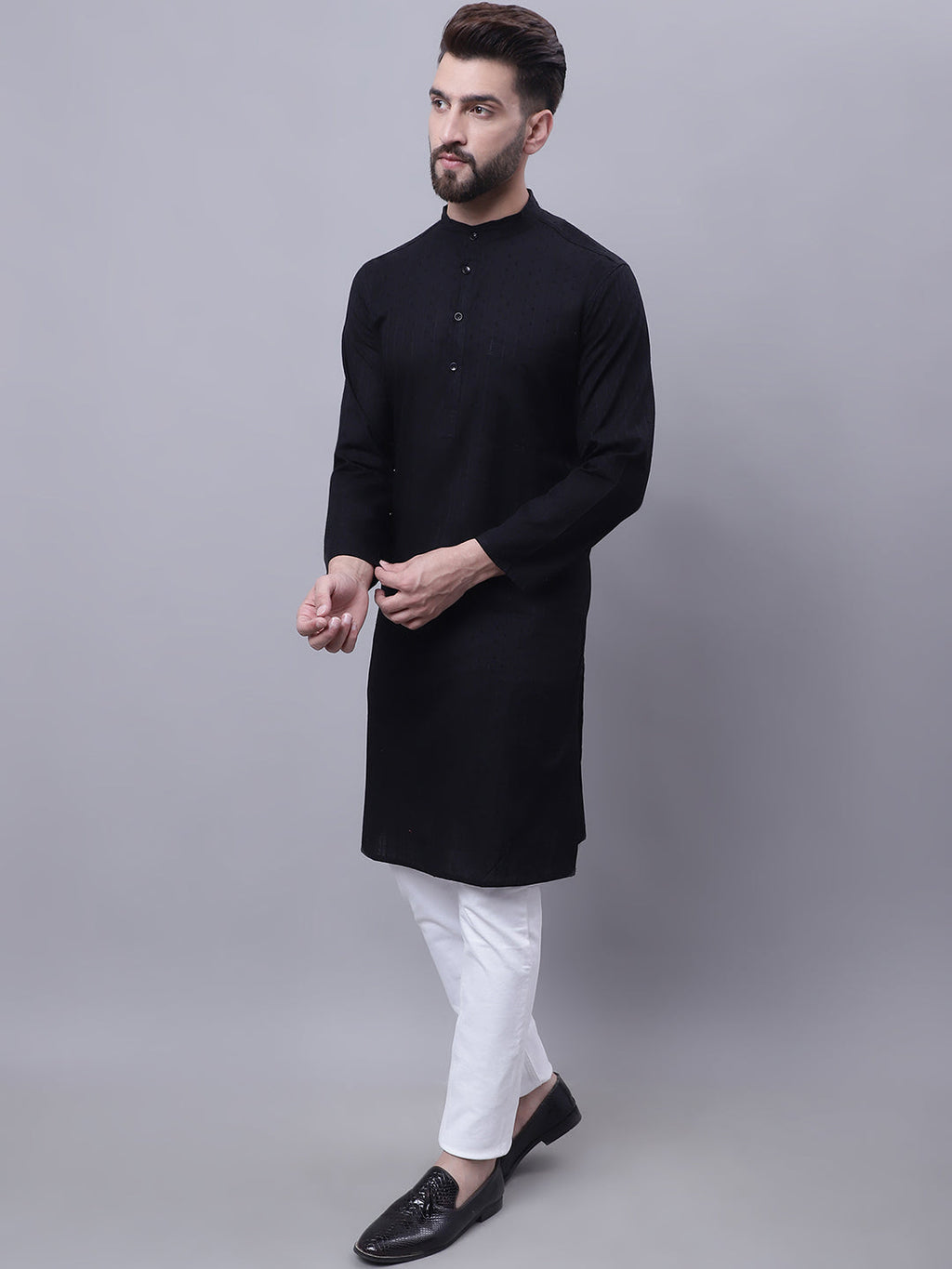 Even Apparels Black Pure Cotton Kurta With Band Collar | Grocsy