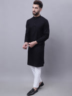 Even Apparels Black Pure Cotton Kurta With Band Collar | Grocsy