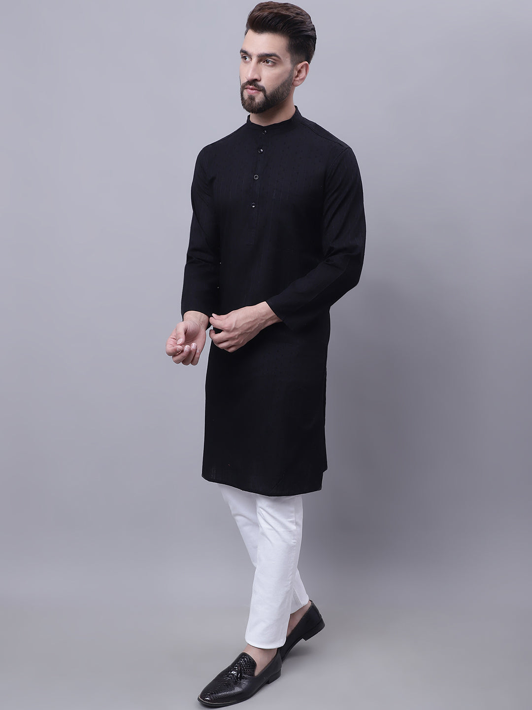Even Apparels Black Pure Cotton Kurta With Band Collar | Grocsy