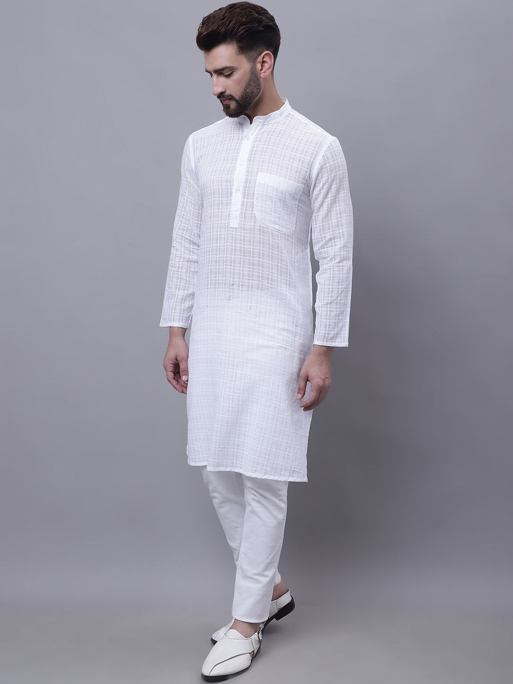 Even Apparels White Pure Cotton Kurta With Band Collar | Grocsy