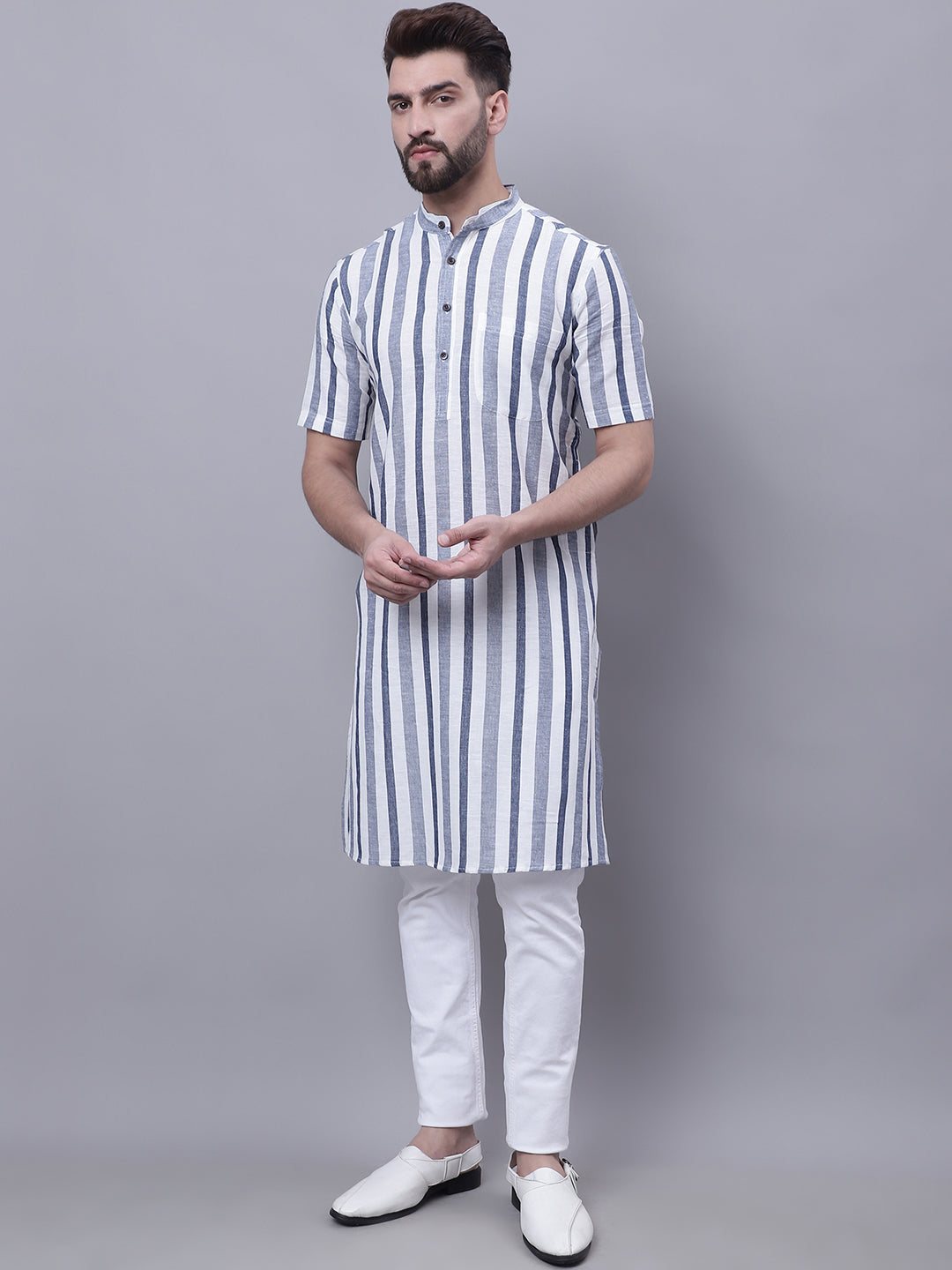 Even Apparels Grey Pure Cotton Short Sleeves Kurta With Band Collar | Grocsy