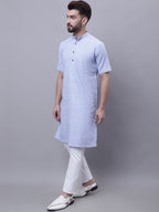 Even Apparels Blue Pure Cotton Short Sleeves Kurta With Band Collar | Grocsy