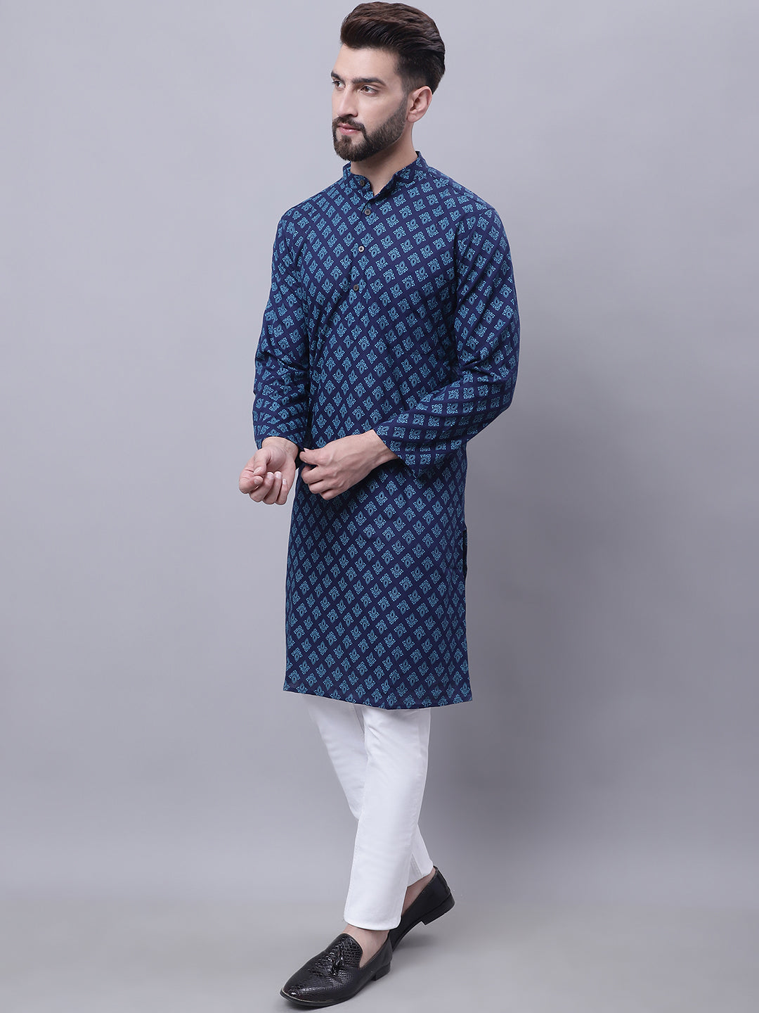 Even Apparels Blue Pure Cotton Kurta With Band Collar | Grocsy