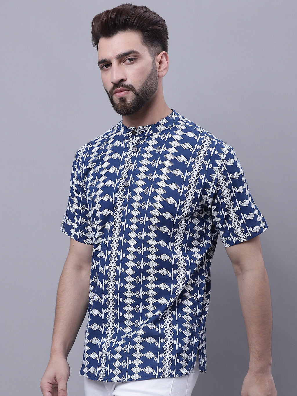 Even Apparels Blue Pure Cotton Short Kurta With Band Collar | Grocsy