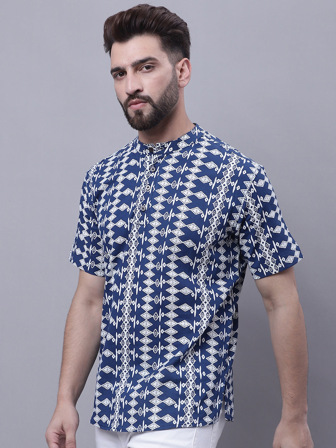 Even Apparels Blue Pure Cotton Short Kurta With Band Collar | Grocsy