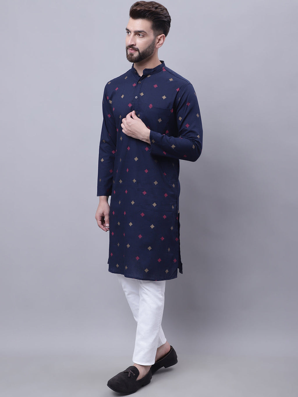 Even Apparels Blue Pure Cotton Kurta With Band Collar | Grocsy