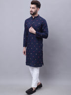 Even Apparels Blue Pure Cotton Kurta With Band Collar | Grocsy