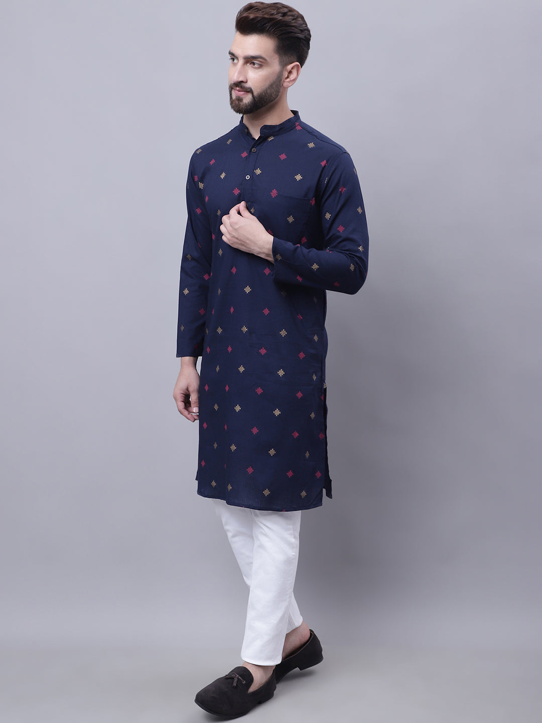 Even Apparels Blue Pure Cotton Kurta With Band Collar | Grocsy