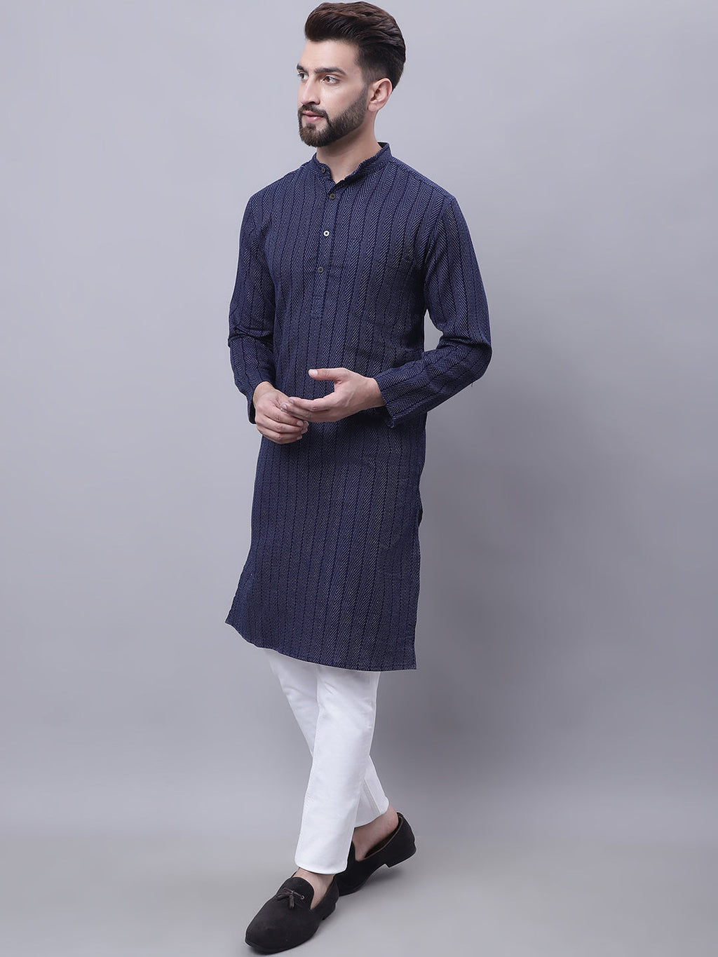 Even Apparels Blue Pure Cotton Kurta With Band Collar | Grocsy