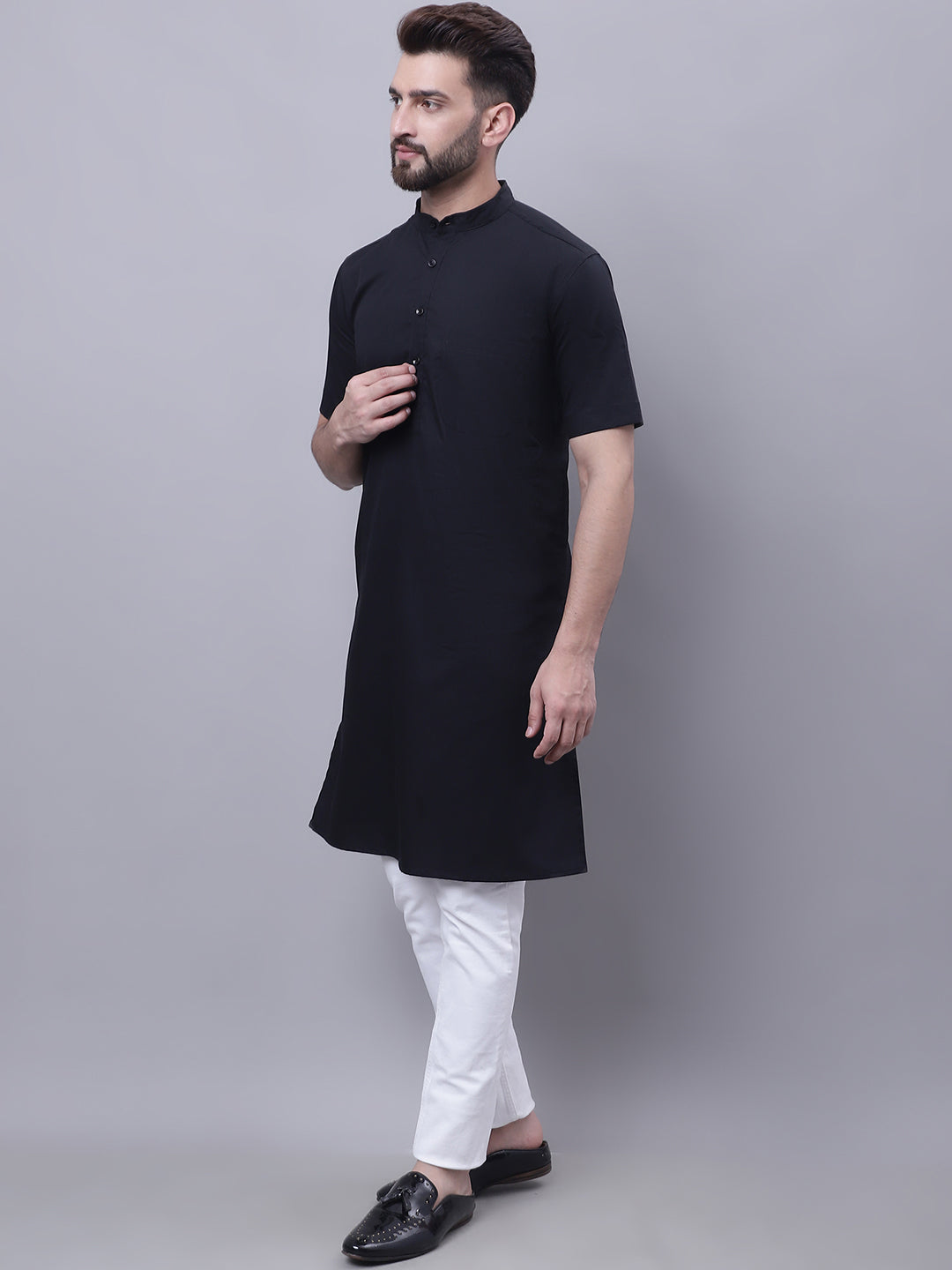 Even Apparels Black Pure Cotton Short Sleeves Kurta With Band Collar | Grocsy