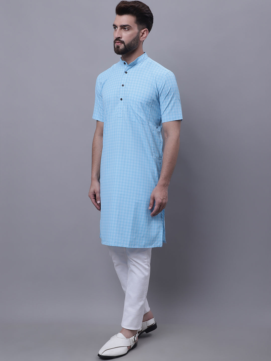 Even Apparels Blue Pure Cotton Short Sleeves Kurta With Band Collar | Grocsy