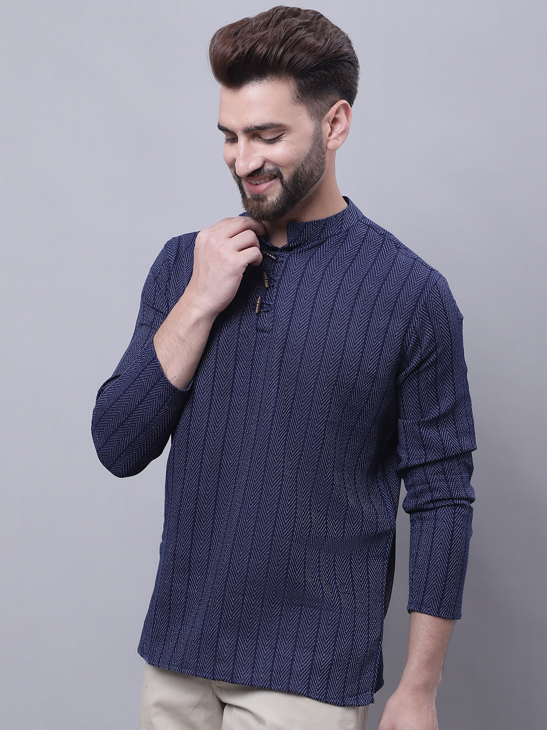 Indian Clothing Even Apparels Blue Pure Cotton Short Kurta With Band Collar | Grocsy