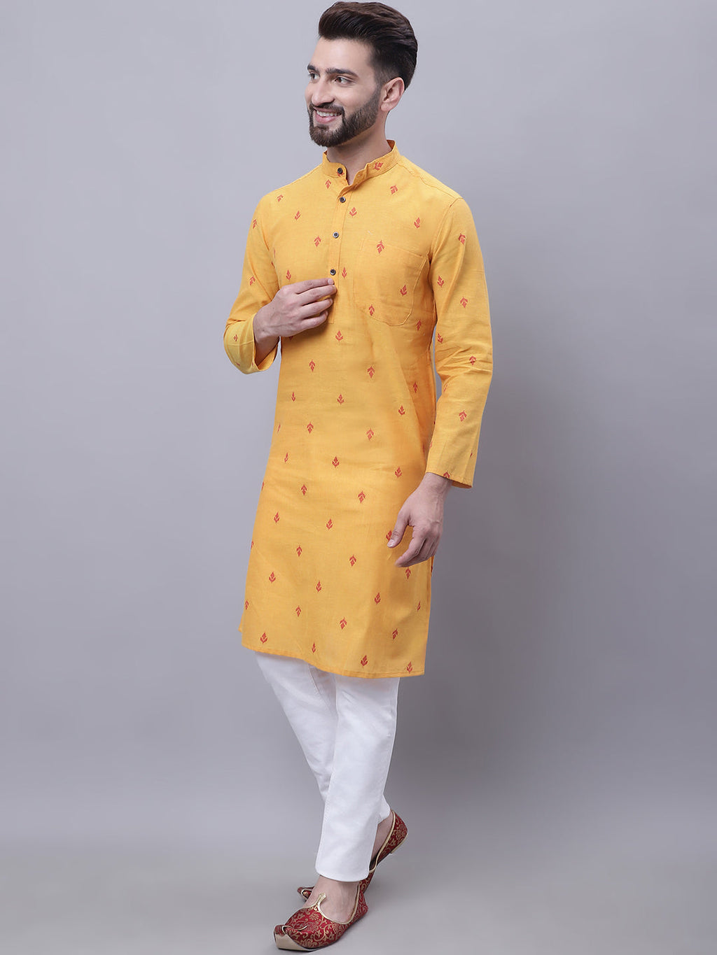 Even Apparels Yellow Pure Cotton Kurta With Band Collar | Grocsy
