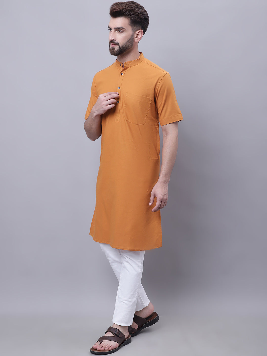 Even Apparels Yellow Pure Cotton Short Sleeves Kurta With Band Collar | Grocsy