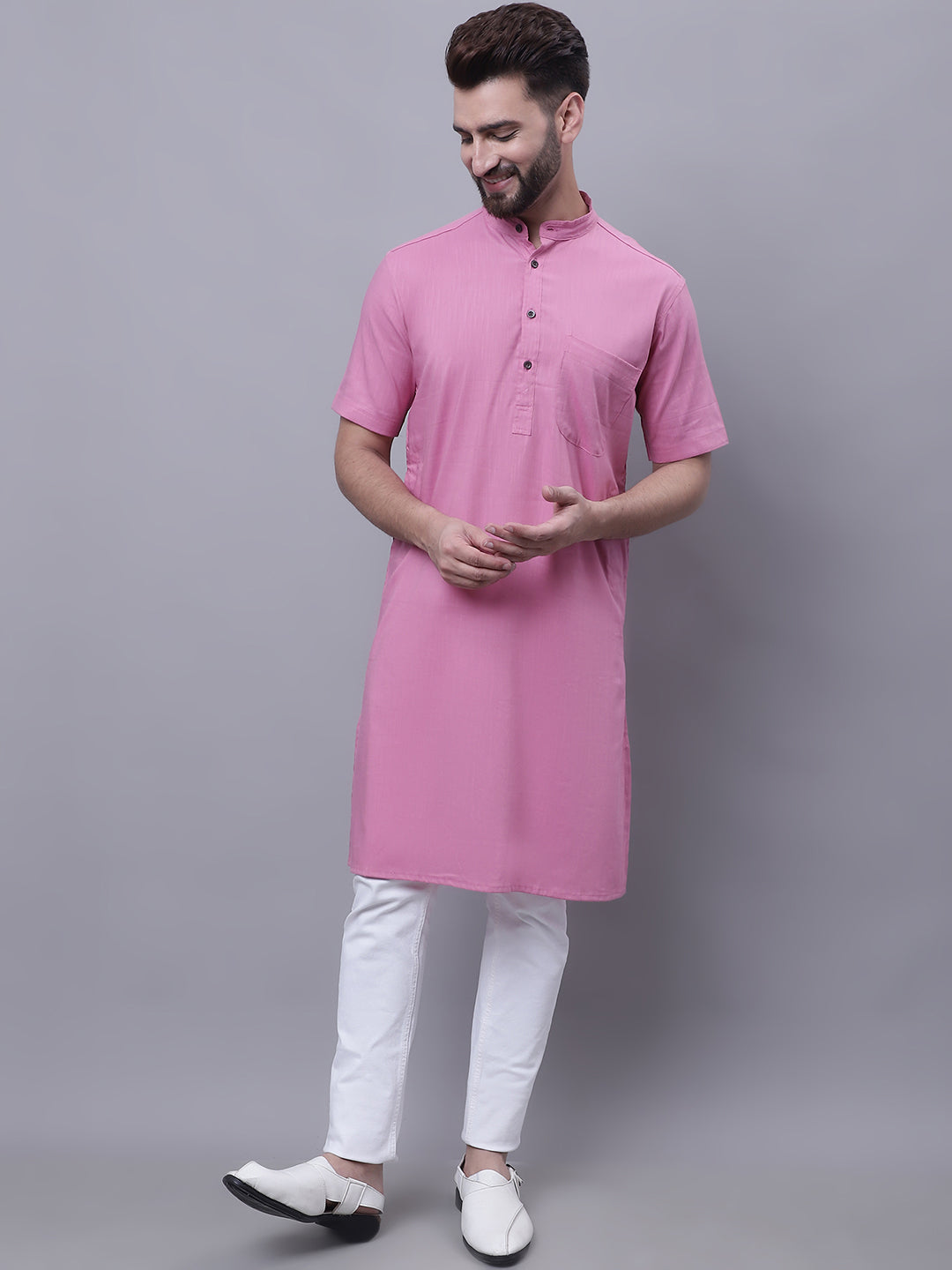 Even Apparels Pink Pure Cotton Short Sleeves Kurta With Band Collar | Grocsy