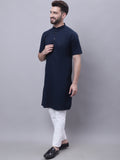 Even Apparels Blue Pure Cotton Short Sleeves Kurta With Band Collar | Grocsy