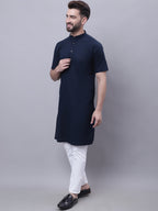 Even Apparels Blue Pure Cotton Short Sleeves Kurta With Band Collar | Grocsy