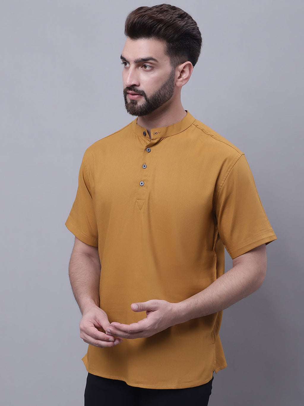 Even Apparels Brown Pure Cotton Short Kurta With Band Collar | Grocsy