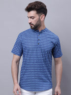 Even Apparels Blue Pure Cotton Short Kurta With Band Collar | Grocsy
