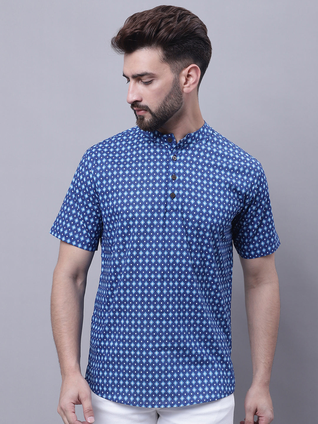 Even Apparels Blue Pure Cotton Short Kurta With Band Collar | Grocsy