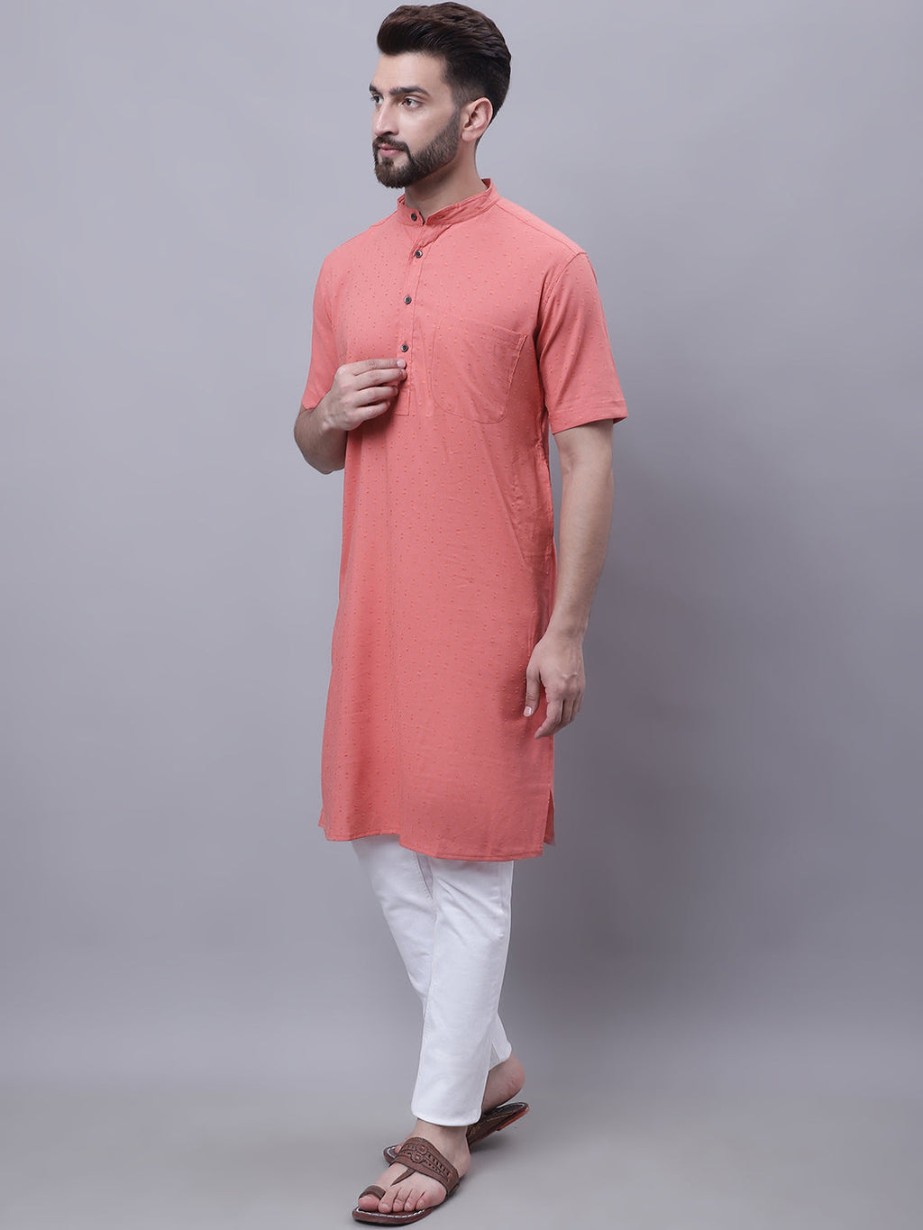 Even Apparels Peach Pure Cotton Short Sleeves Kurta With Band Collar | Grocsy