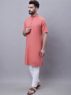 Even Apparels Peach Pure Cotton Short Sleeves Kurta With Band Collar | Grocsy