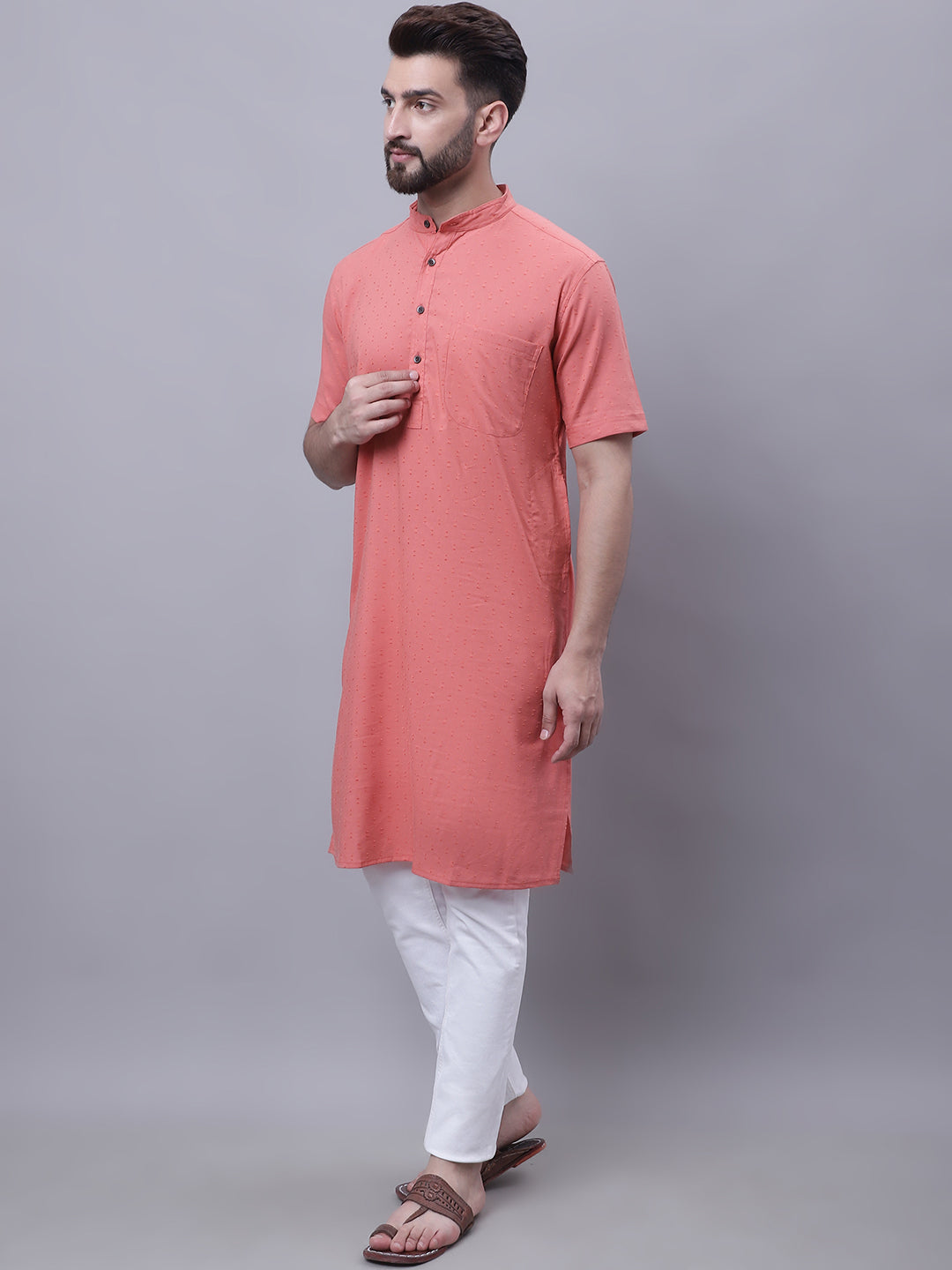 Even Apparels Peach Pure Cotton Short Sleeves Kurta With Band Collar | Grocsy