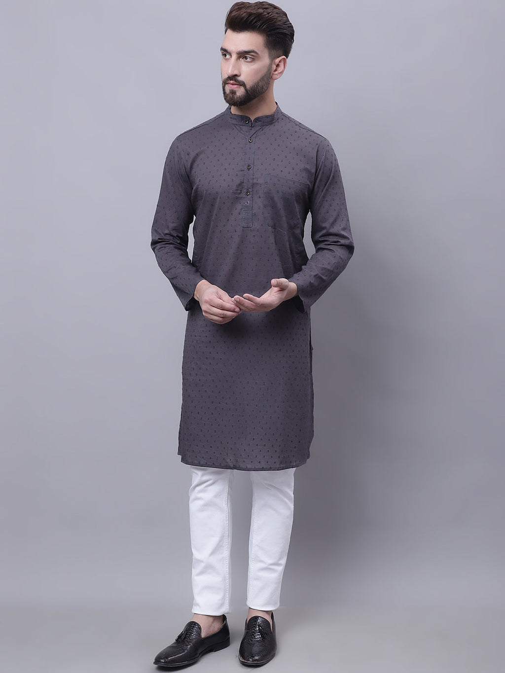 Even Apparels Grey Pure Cotton Kurta With Band Collar | Grocsy